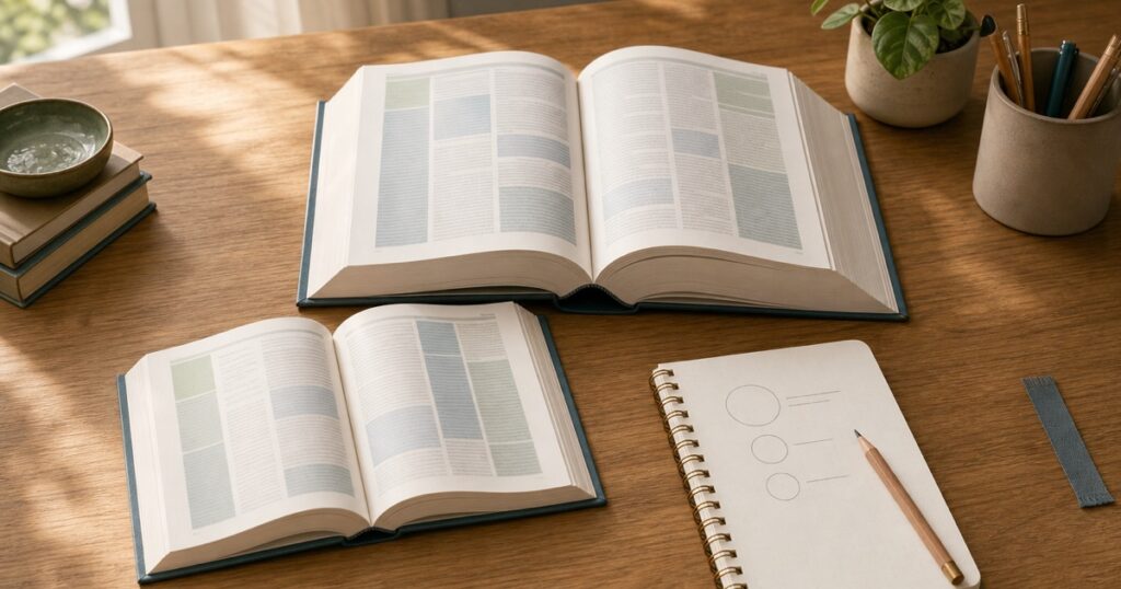 大小のことわざ辞典を開き、ノートで読みやすさを比べる学習机の様子